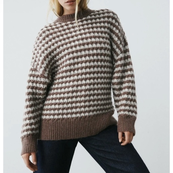 Zara Sweaters - Zara Striped Wool Blend Sweater Round Neck Brown Cream Oatmeal